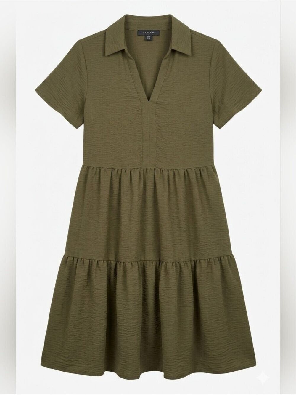 Tahari Olive Green Short Sleeve Tiered Ruffle Smock Dress, NWT, Small